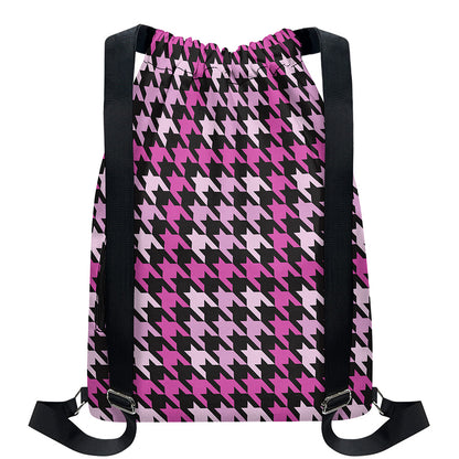 Pink Houndstooth Pattern Print Drawstring Backpack