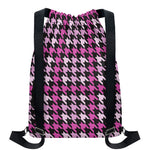 Pink Houndstooth Pattern Print Drawstring Backpack