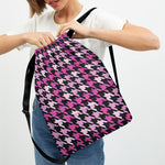 Pink Houndstooth Pattern Print Drawstring Backpack