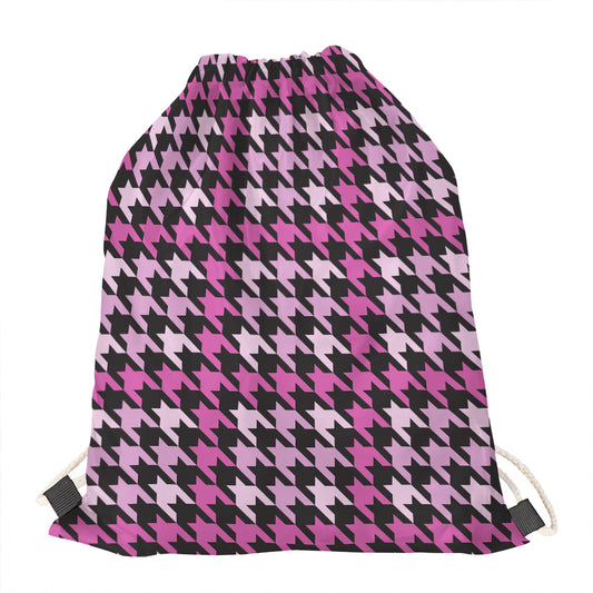 Pink Houndstooth Pattern Print Drawstring Bag