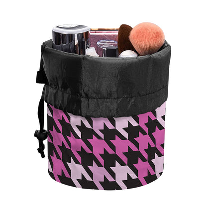 Pink Houndstooth Pattern Print Drawstring Makeup Bag