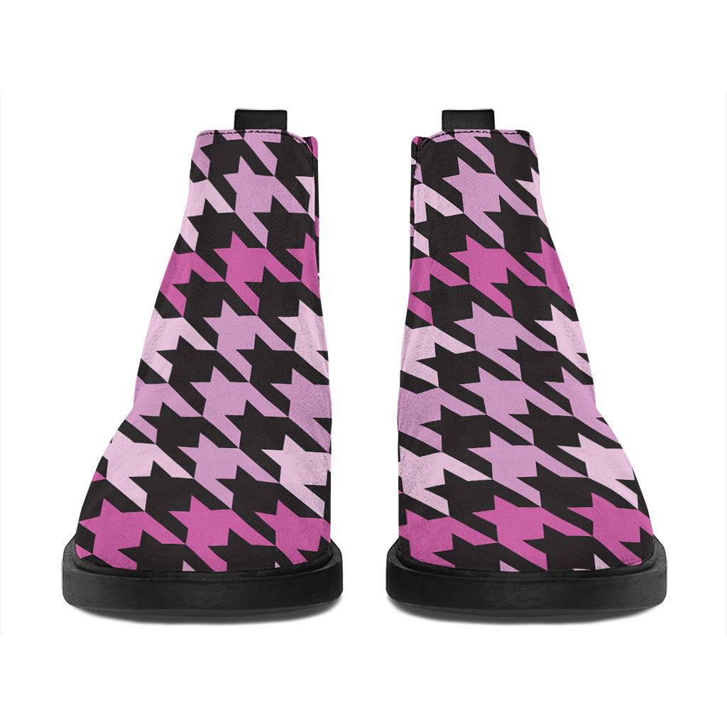 Pink Houndstooth Pattern Print Flat Ankle Boots