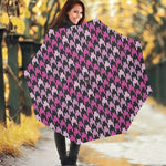 Pink Houndstooth Pattern Print Foldable Umbrella