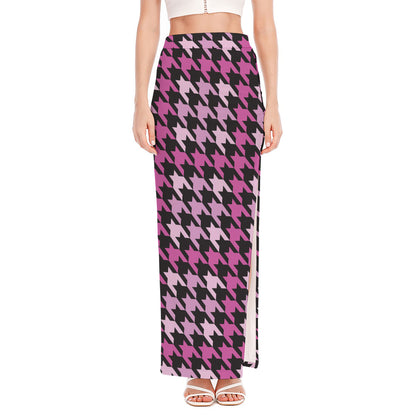 Pink Houndstooth Pattern Print High Slit Maxi Skirt