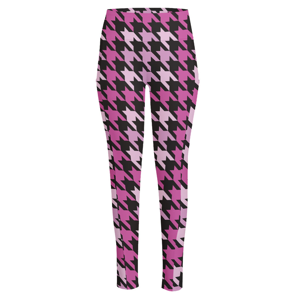 Pink Houndstooth Pattern Print High-Waisted Pocket Leggings