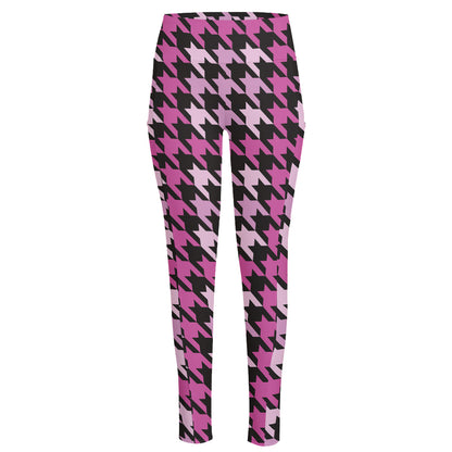 Pink Houndstooth Pattern Print High-Waisted Pocket Leggings