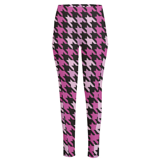 Pink Houndstooth Pattern Print High-Waisted Pocket Leggings
