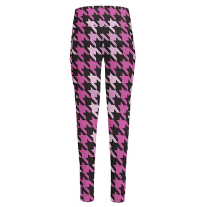 Pink Houndstooth Pattern Print High-Waisted Pocket Leggings