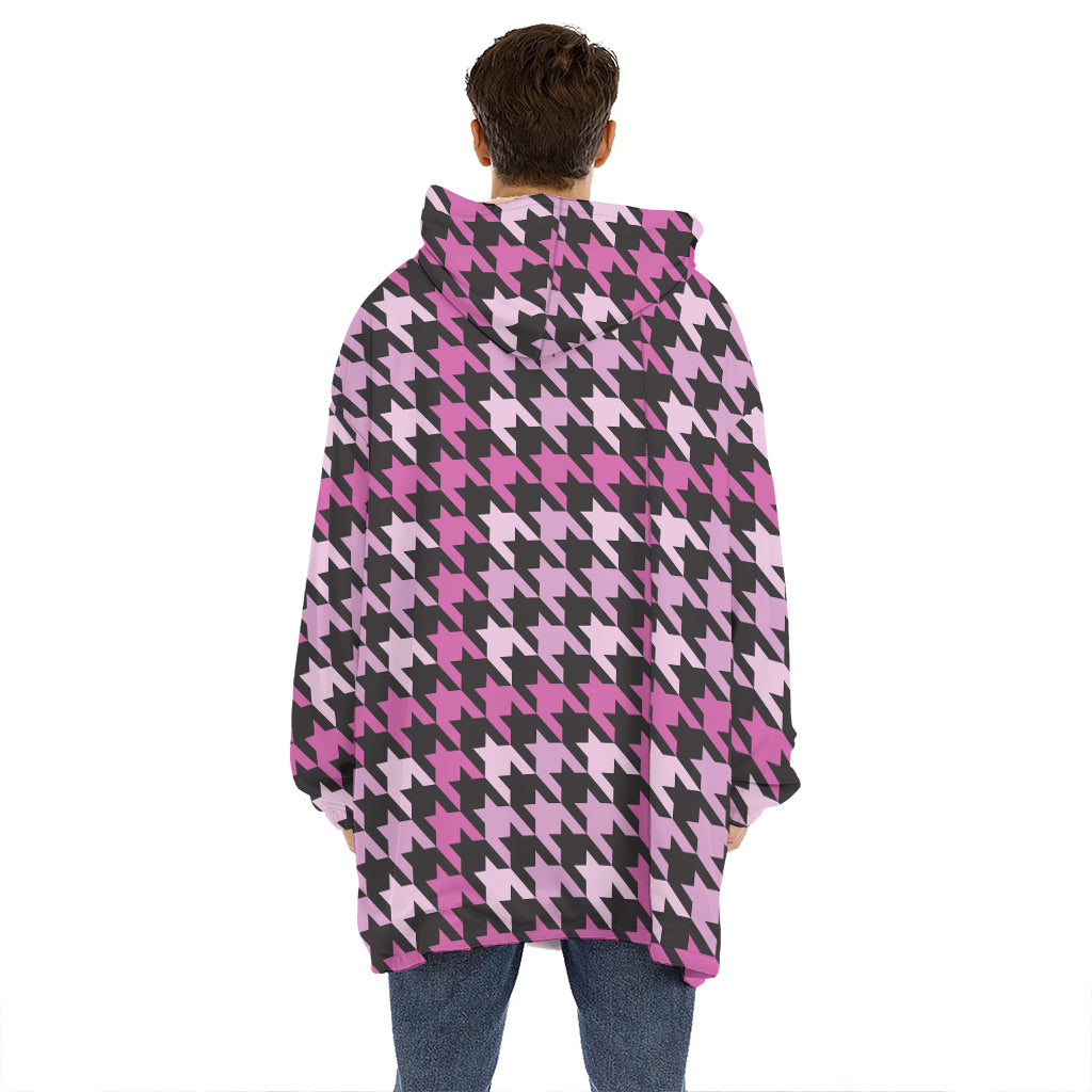 Pink Houndstooth Pattern Print Hoodie Blanket