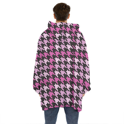 Pink Houndstooth Pattern Print Hoodie Blanket