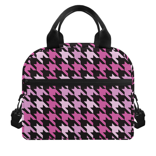 Pink Houndstooth Pattern Print Insulated Lunch Bag