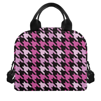 Pink Houndstooth Pattern Print Insulated Lunch Bag