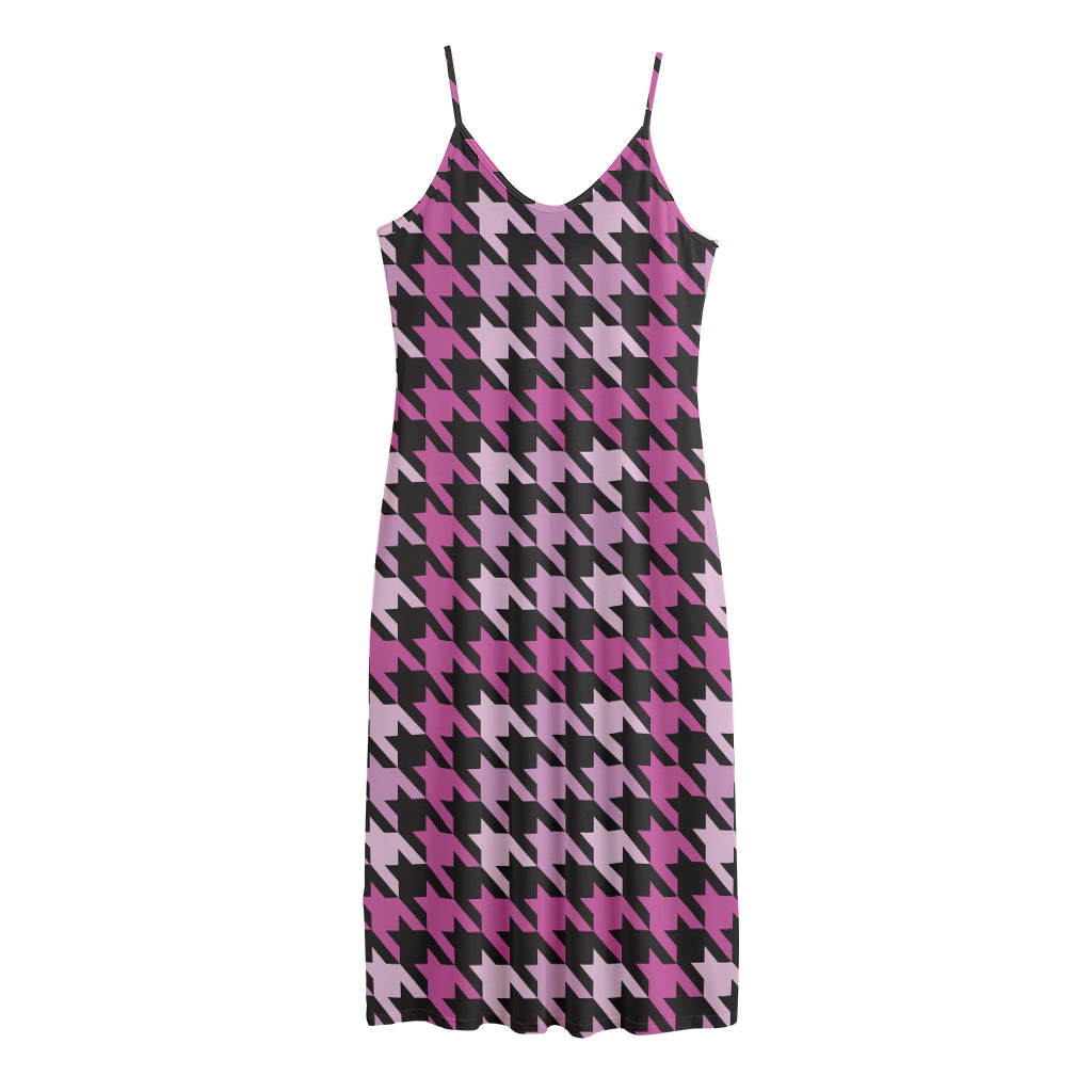 Pink Houndstooth Pattern Print Jersey Midi Cami Dress