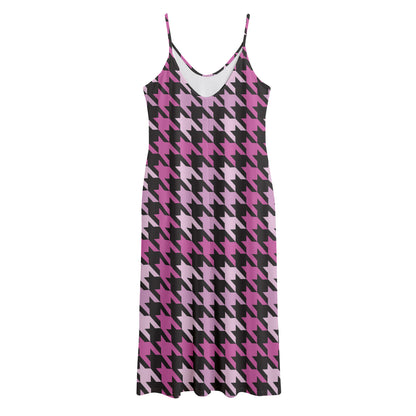 Pink Houndstooth Pattern Print Jersey Midi Cami Dress