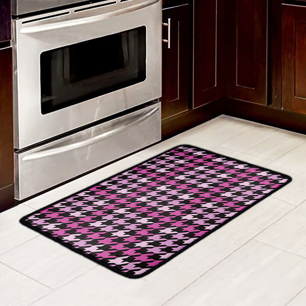 Pink Houndstooth Pattern Print Kitchen Mat