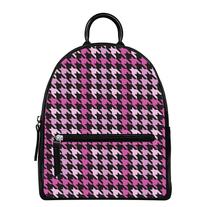 Pink Houndstooth Pattern Print Leather Backpack