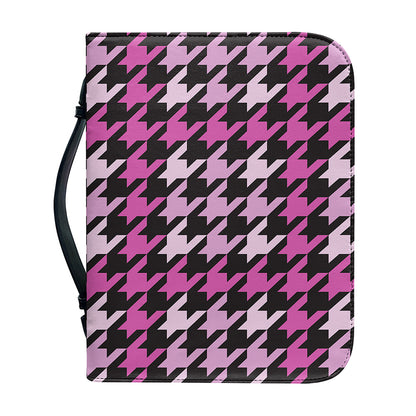 Pink Houndstooth Pattern Print Leather Bible Cover