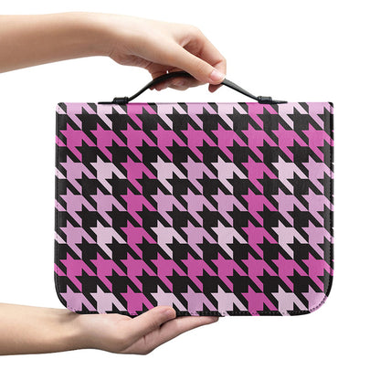 Pink Houndstooth Pattern Print Leather Bible Cover