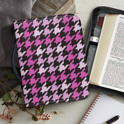 Pink Houndstooth Pattern Print Leather Bible Cover
