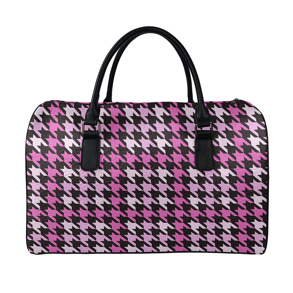 Pink Houndstooth Pattern Print Leather Duffle Bag