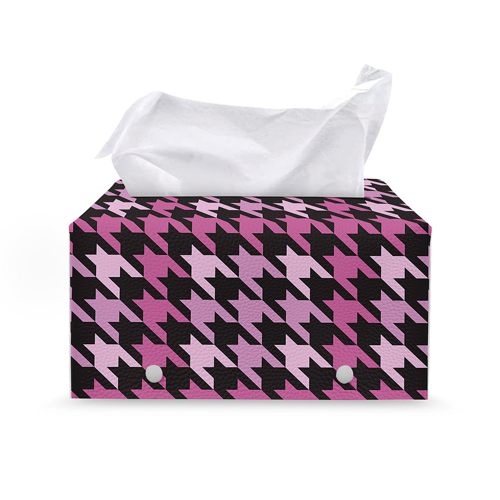 Pink Houndstooth Pattern Print Leather Tissue Box Cover