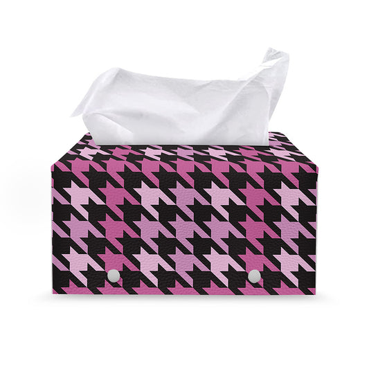 Pink Houndstooth Pattern Print Leather Tissue Box Cover