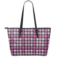 Pink Houndstooth Pattern Print Leather Tote Bag With Zipper