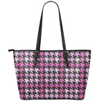Pink Houndstooth Pattern Print Leather Tote Bag
