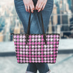 Pink Houndstooth Pattern Print Leather Tote Bag