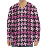 Pink Houndstooth Pattern Print Long Sleeve Baseball Jersey