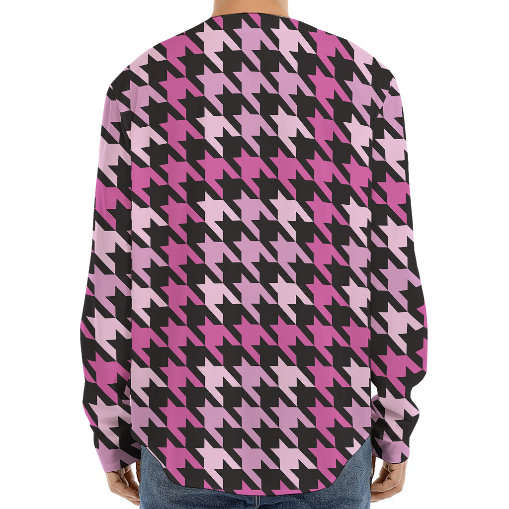 Pink Houndstooth Pattern Print Long Sleeve Baseball Jersey