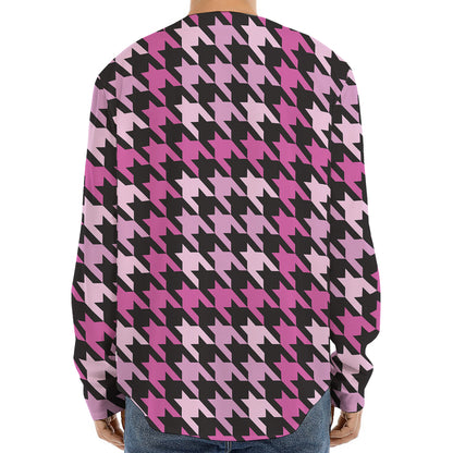 Pink Houndstooth Pattern Print Long Sleeve Baseball Jersey
