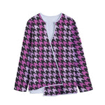Pink Houndstooth Pattern Print Long Sleeve Short Coat