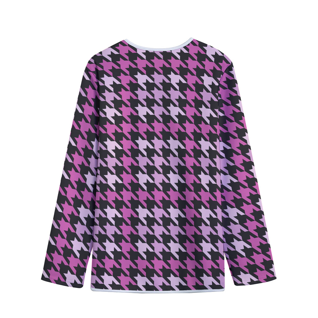 Pink Houndstooth Pattern Print Long Sleeve Short Coat