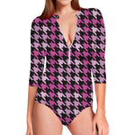 Pink Houndstooth Pattern Print Long Sleeve Swimsuit