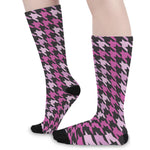 Pink Houndstooth Pattern Print Long Socks