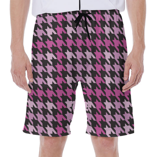 Pink Houndstooth Pattern Print Men's Beach Shorts