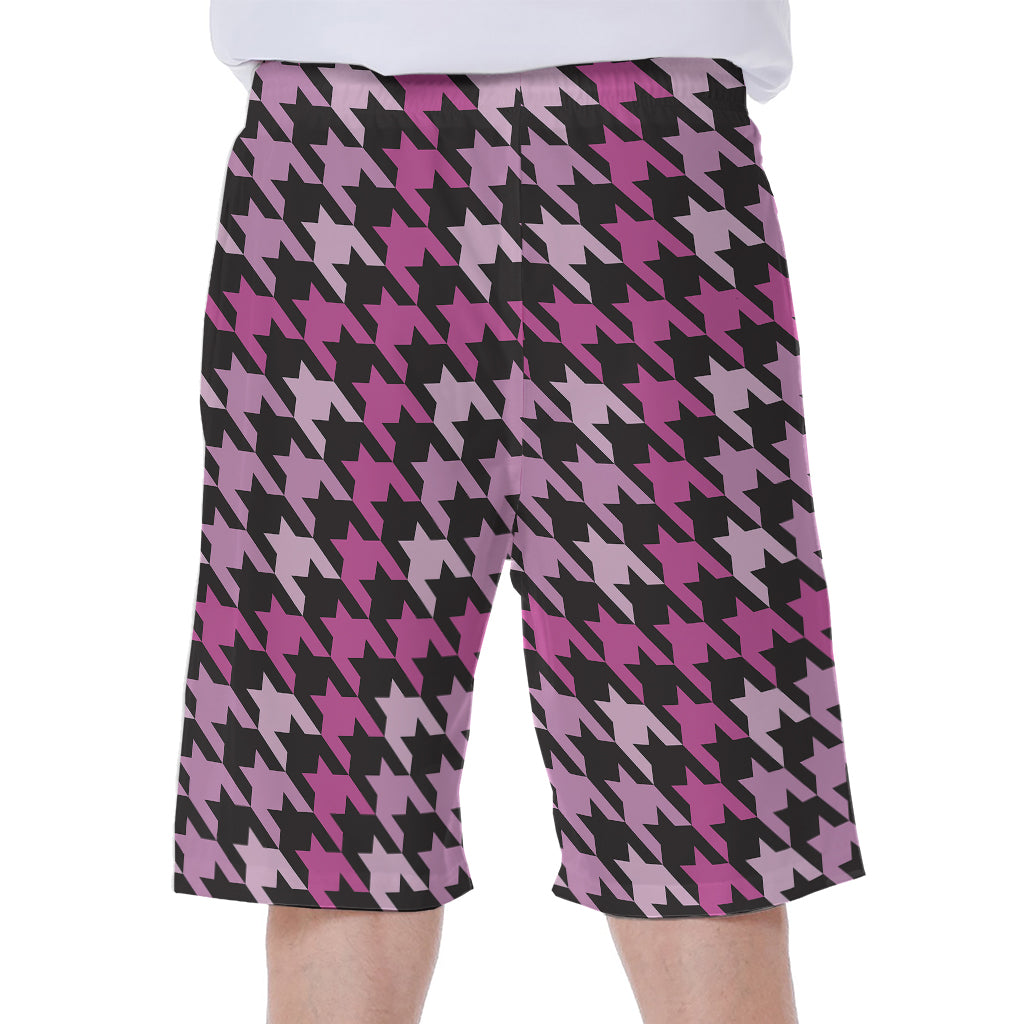 Pink Houndstooth Pattern Print Men's Beach Shorts