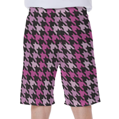 Pink Houndstooth Pattern Print Men's Beach Shorts