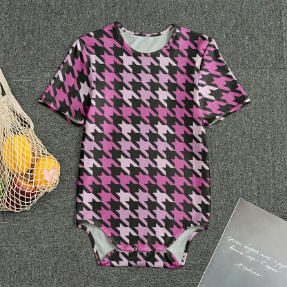 Pink Houndstooth Pattern Print Men's Bodysuit