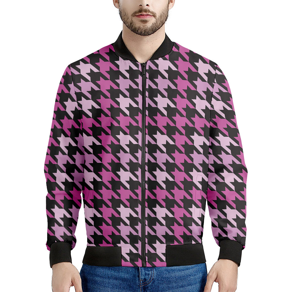 Pink Houndstooth Pattern Print Men's Bomber Jacket