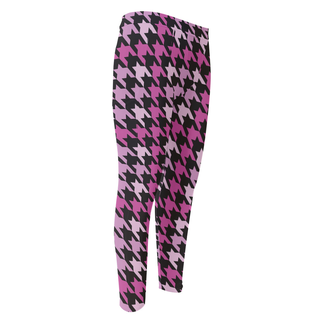 Pink Houndstooth Pattern Print Men's Compression Pants