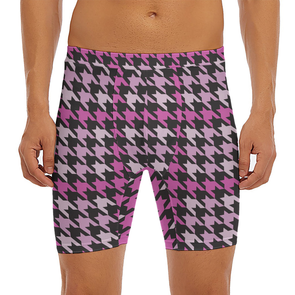 Pink Houndstooth Pattern Print Men's Long Boxer Briefs
