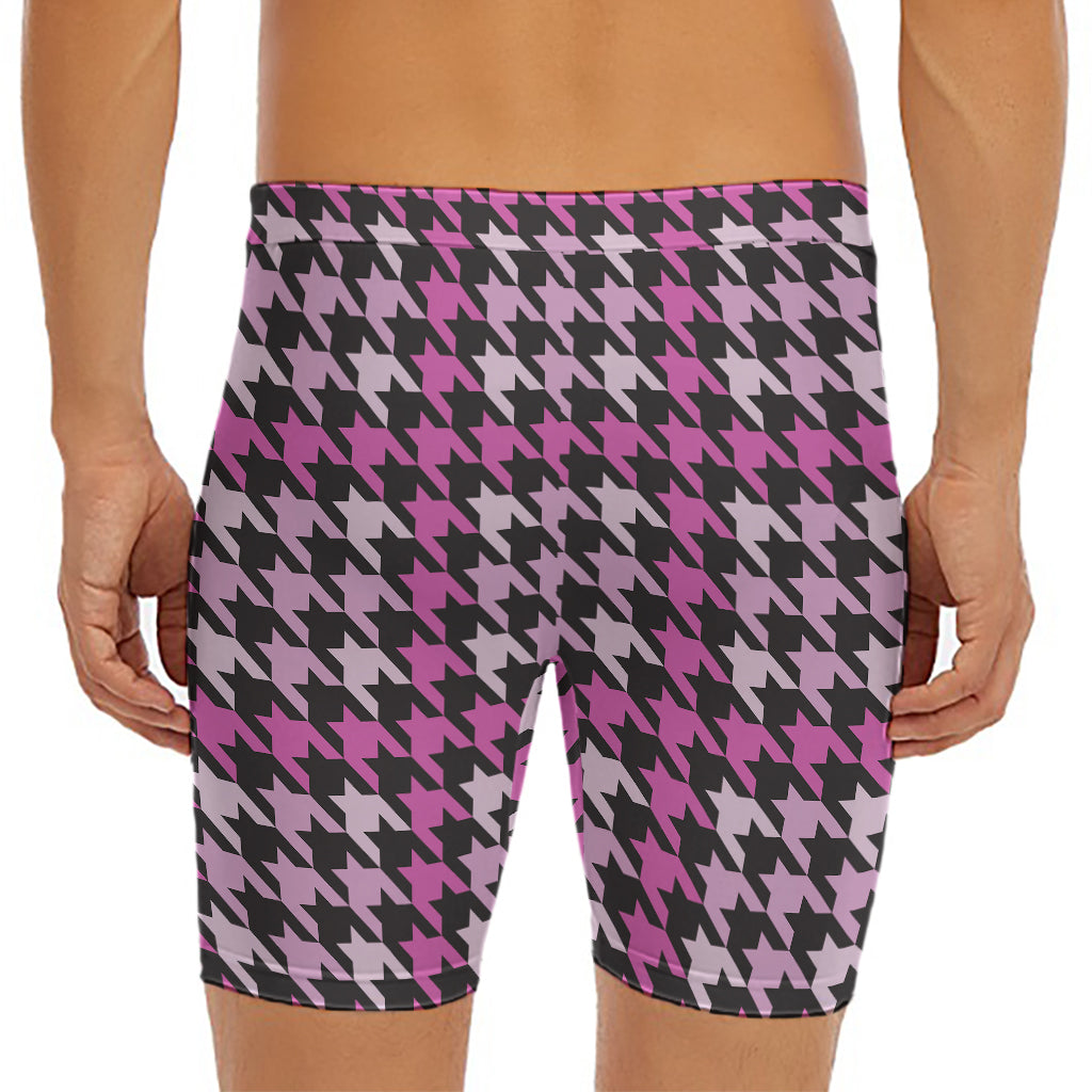 Pink Houndstooth Pattern Print Men's Long Boxer Briefs