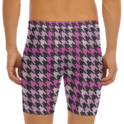 Pink Houndstooth Pattern Print Men's Long Boxer Briefs
