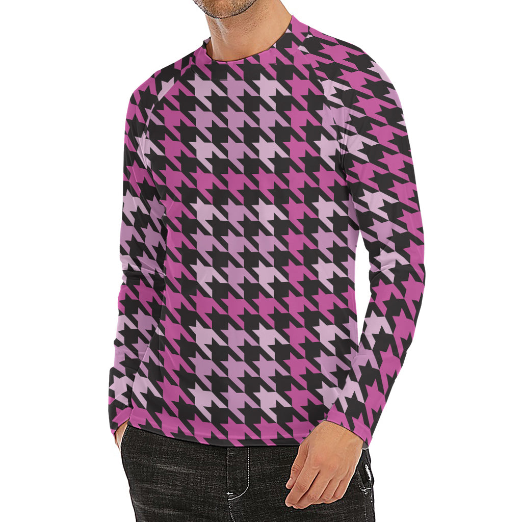 Pink Houndstooth Pattern Print Men's Long Sleeve Rash Guard