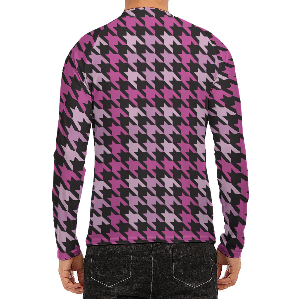 Pink Houndstooth Pattern Print Men's Long Sleeve Rash Guard