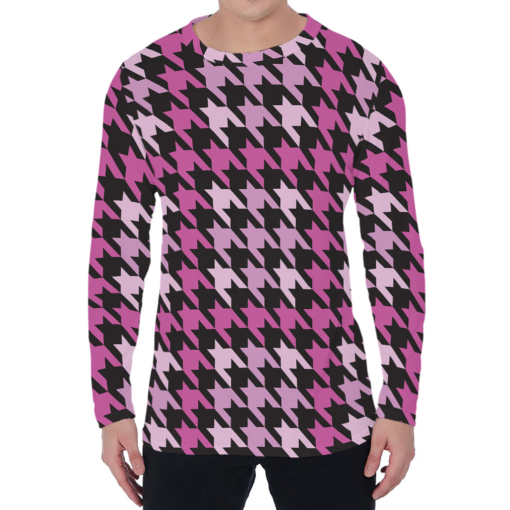 Pink Houndstooth Pattern Print Men's Long Sleeve T-Shirt