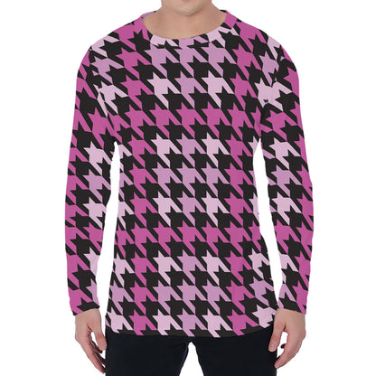 Pink Houndstooth Pattern Print Men's Long Sleeve T-Shirt