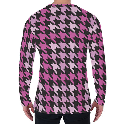 Pink Houndstooth Pattern Print Men's Long Sleeve T-Shirt